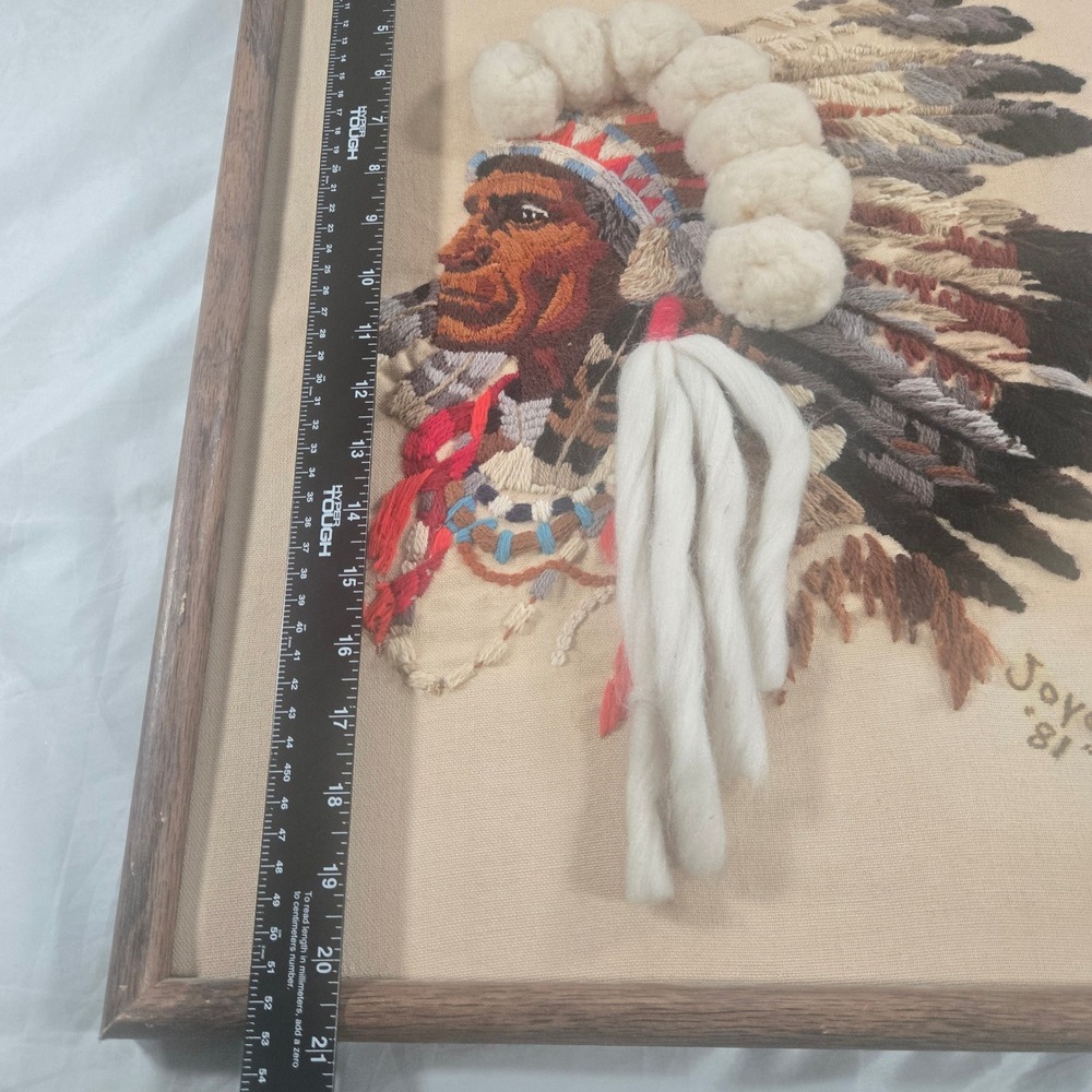 Vintage 1981 Hand Embroidery Needlepoint Native American Chief Framed Wall Art - Picture 16 of 16
